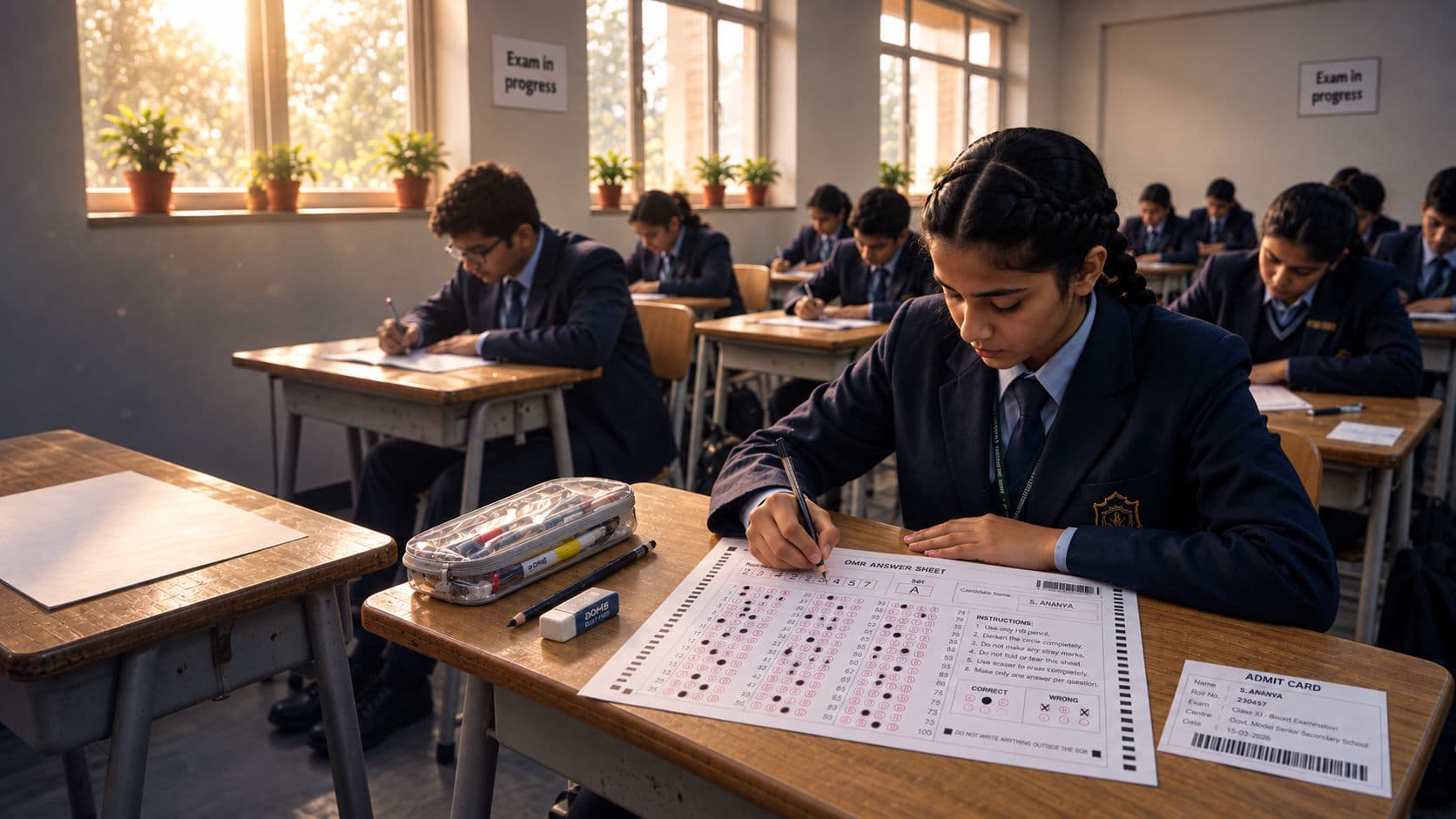 Students completing OMR answer sheets in a classroom