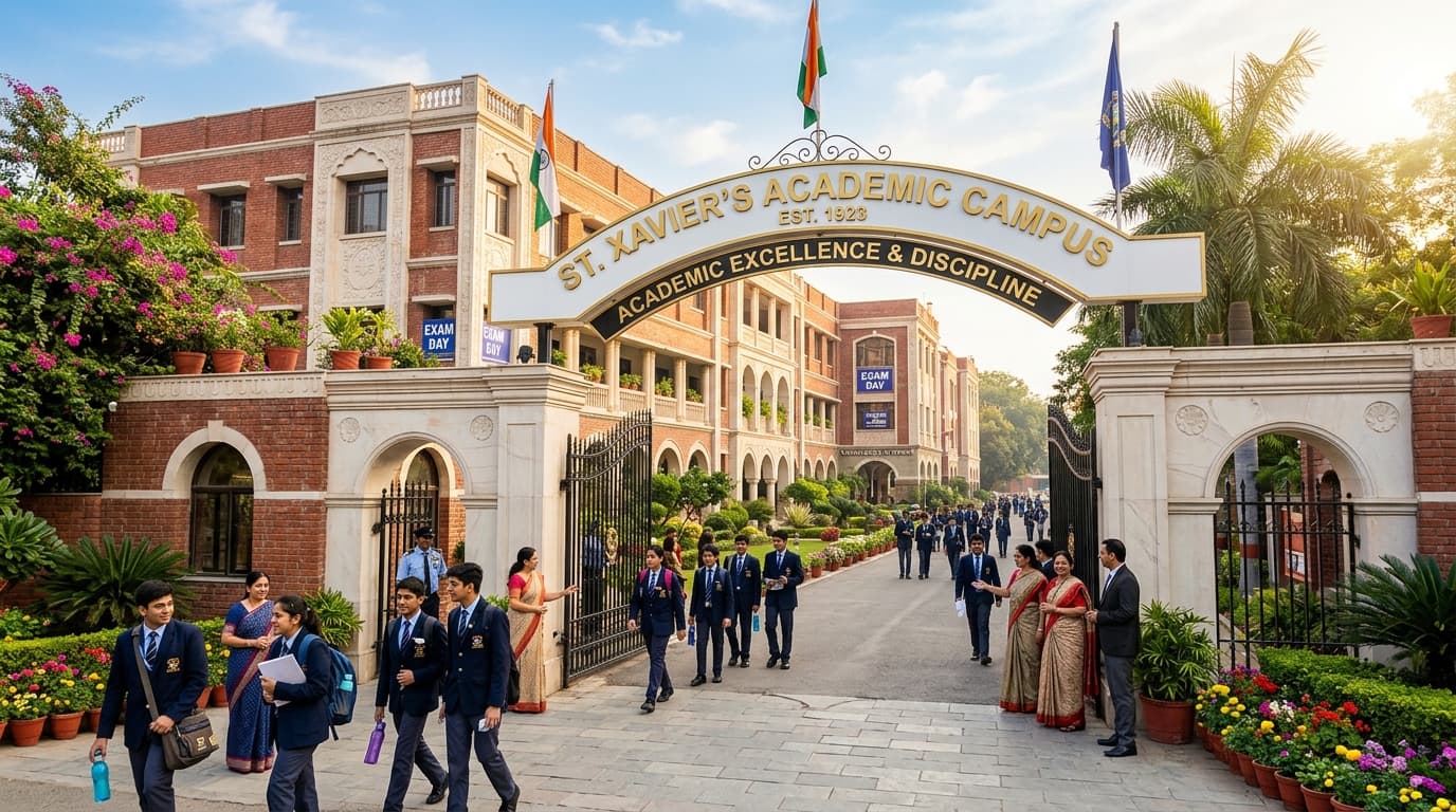 Students arriving at a school campus
